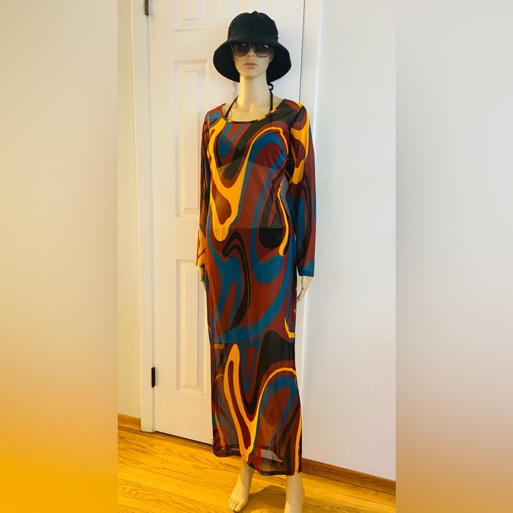 Ashley Stewart Women’s Mesh Multicolor  Long Sleeve Maxi Dress Size 14/16